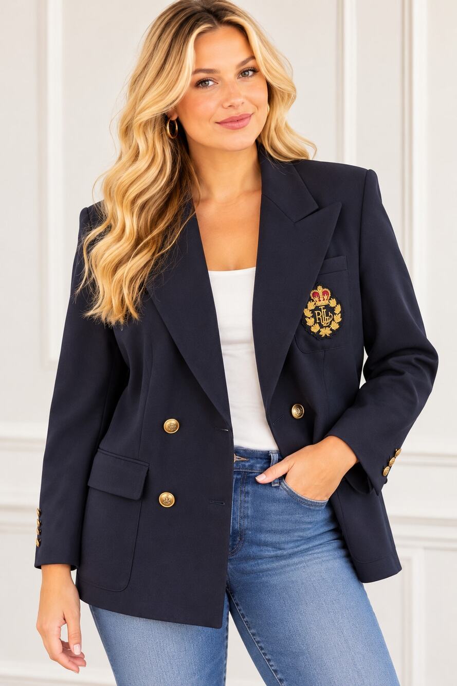 Lauren Ralph Lauren Navy Crest Blazer Size 10 Double Breasted Gold Buttons